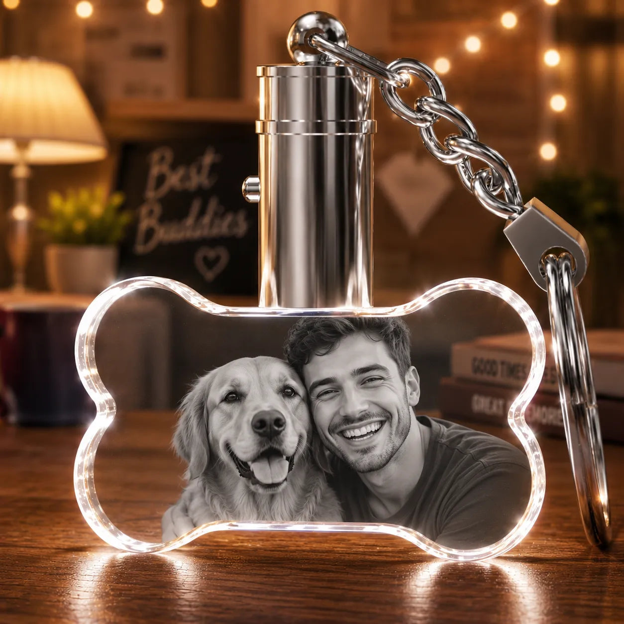 Custom pet photo crystal keyring 45x26x12mm with detailed laser engraved dog portrait inside crystal