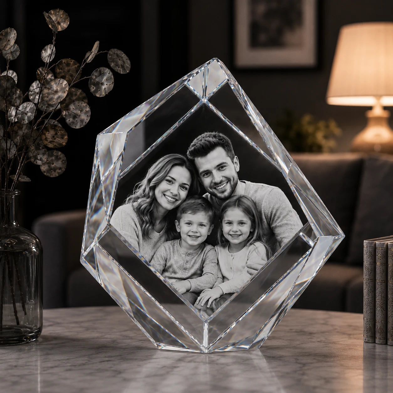 Extra-large 130mm 3D iceberg photo crystal with hand-chiseled edges and a high-definition laser-etched portrait, made in Wembley.