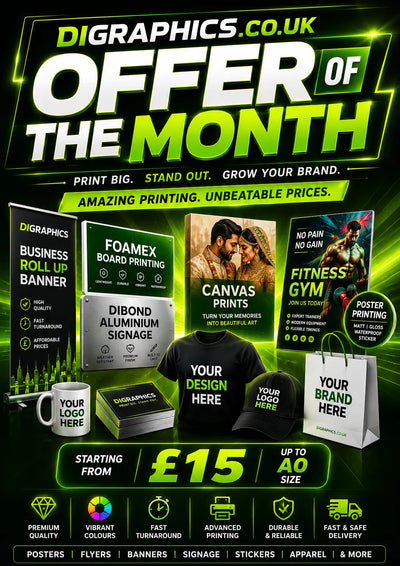 Offer of the Month – DiGraphics banner featuring Foamex boards, posters, canvas prints, Dibond signs, roll-up banners, flyers, branded apparel and custom printing with bright green gradients, premium quality, fast delivery and prices from £15 in Wembley.