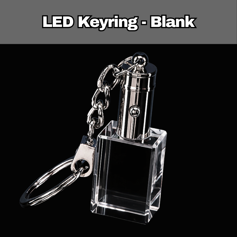 Blank custom LED crystal keyring with clear rectangular glass block and silver metal chain, light-up personalised gift ready for engraving