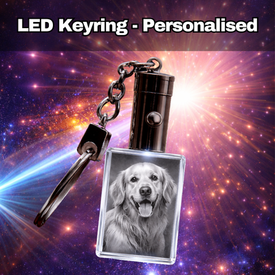 Personalised LED crystal keyring engraved with name Michael, rectangular glass block with silver metal chain and keyring, custom light-up name gift