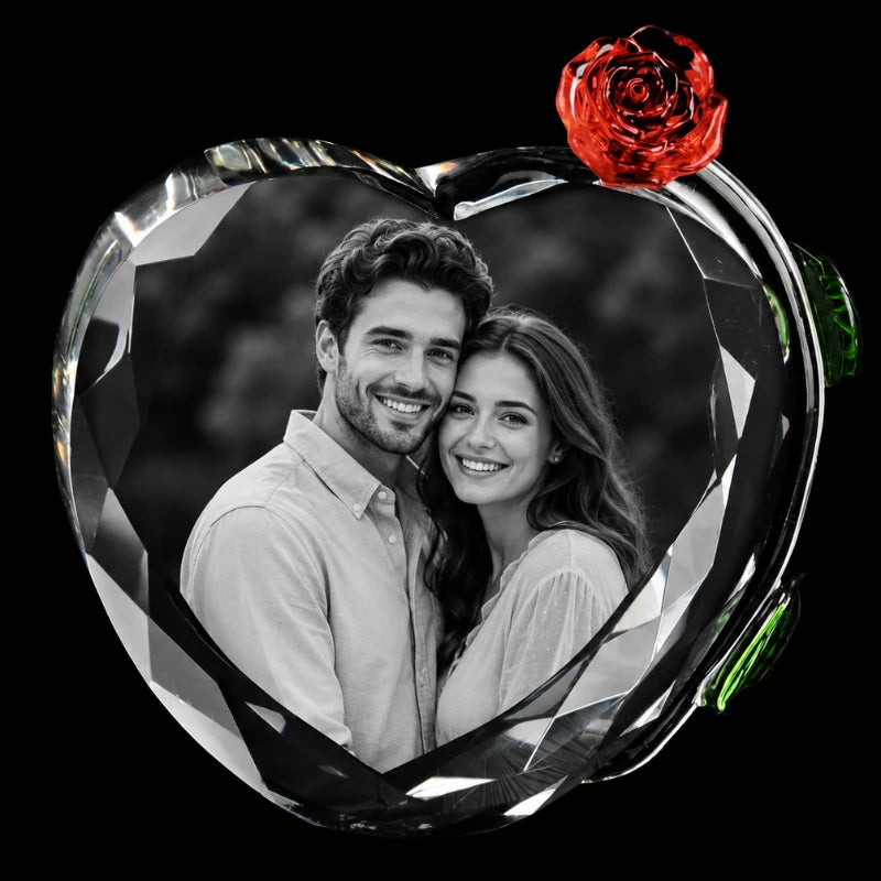 Crystal rose themed photo keepsake 90x80x40mm with personalised laser engraved portrait inside crystal