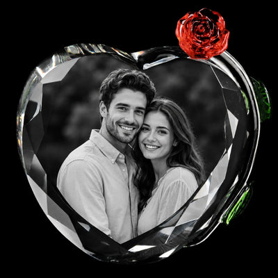 Crystal rose themed photo keepsake 90x80x40mm with personalised laser engraved portrait inside crystal