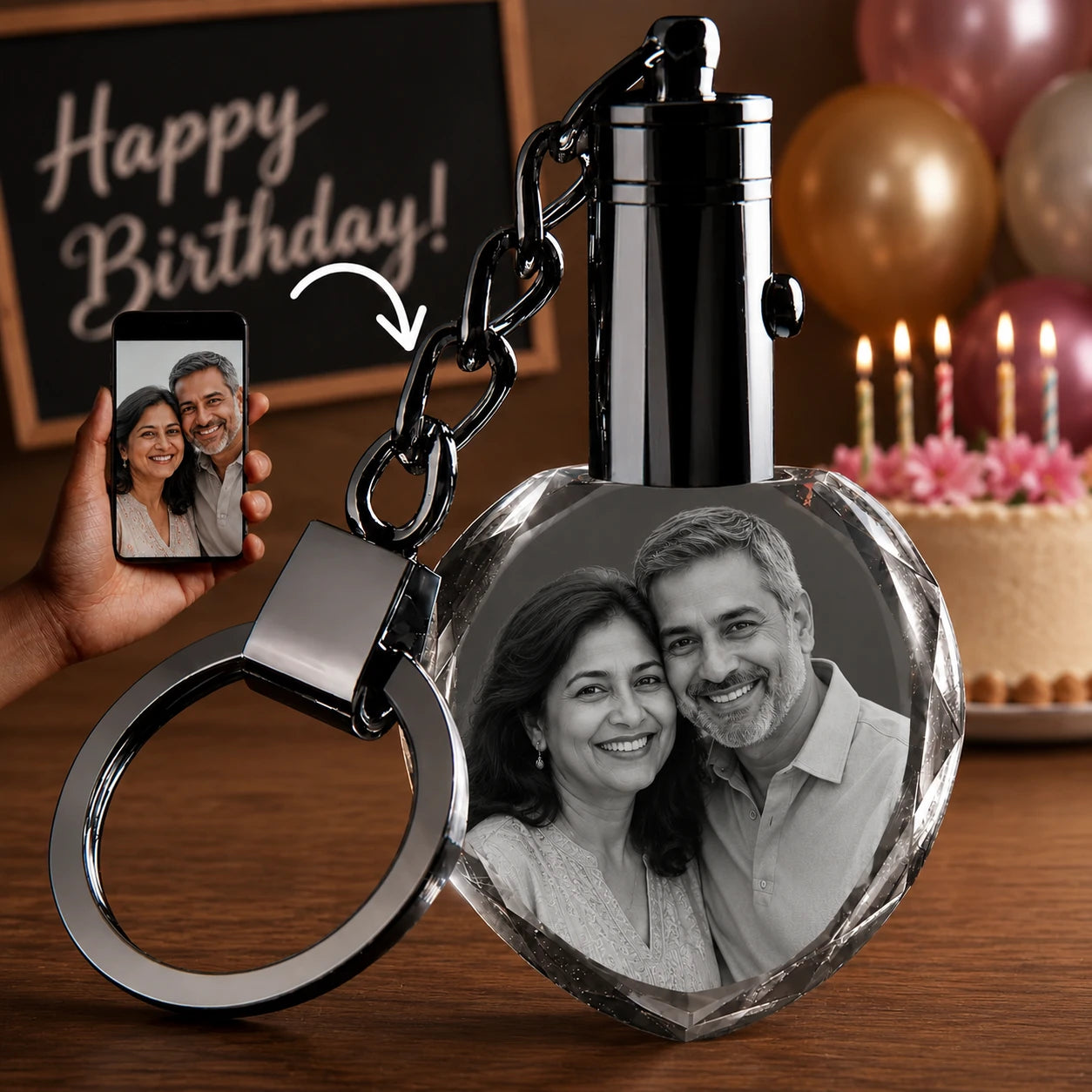 Custom LED photo crystal keyring 35x35x12mm with illuminated engraved portrait inside clear crystal