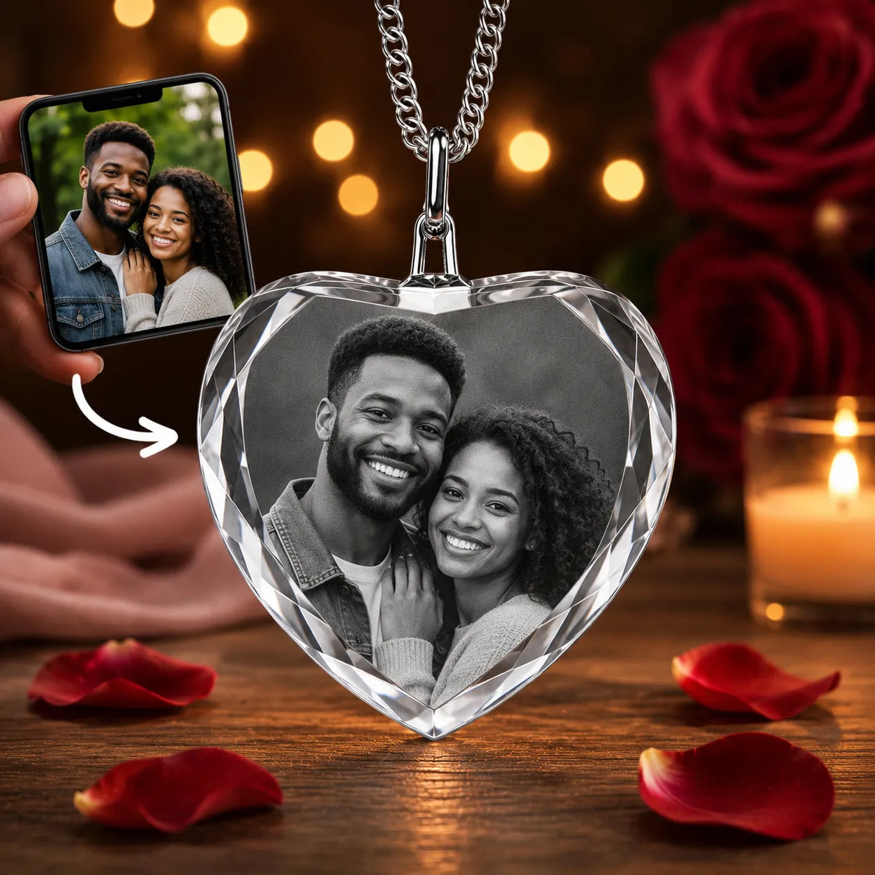 Custom photo crystal heart necklace 35x35x8mm with engraved portrait inside premium crystal