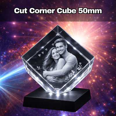 50mm cut corner crystal photo gift, clear glass keepsake block for personalised photo engraving, elegant custom memorial or birthday gift