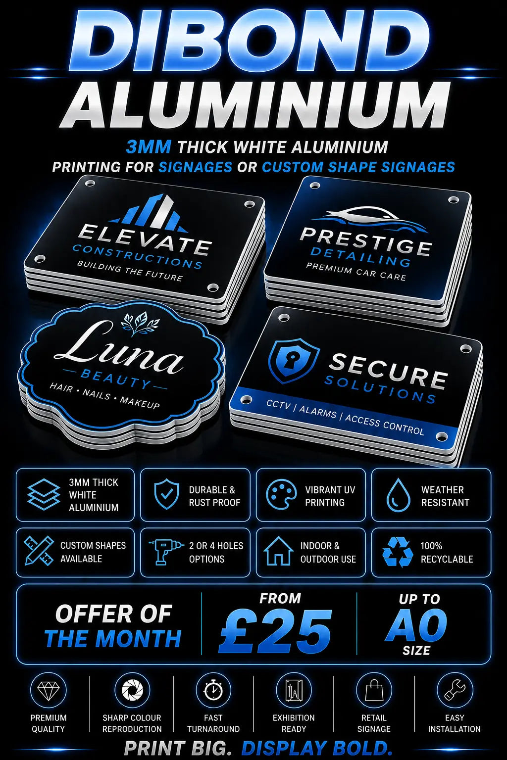 Dibond aluminium signage printing poster showing custom business signs on 3mm aluminium composite boards with UV printing, weather resistance and £25 offer up to A0 size.