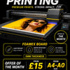 Foamex printing machine with a woman's face on a print, featuring product details and promotional text.