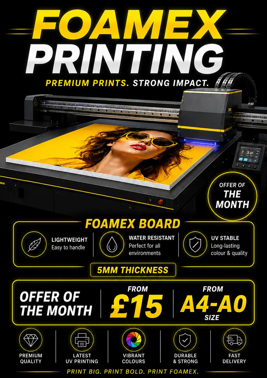 Foamex printing machine with a woman's face on a print, featuring product details and promotional text.