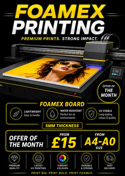 Foamex printing machine with a woman's face on a print, featuring product details and promotional text.