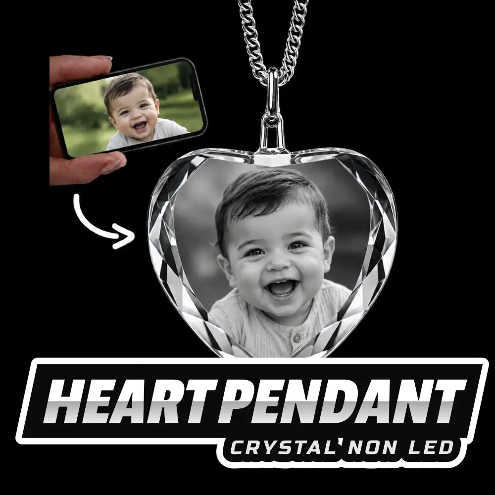 Heart crystal pendant non LED with custom engraved baby portrait inside premium crystal