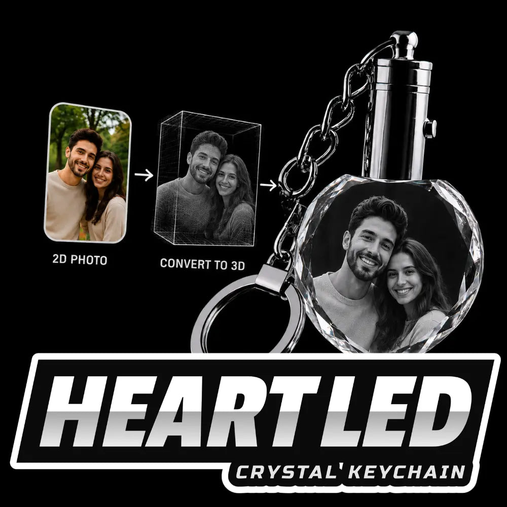 Heart LED crystal keychain with personalised couple photo engraved inside optical crystal