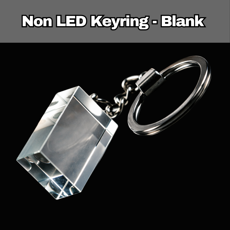 Blank non LED crystal keychain with clear rectangular glass block and silver metal keyring, ready for custom engraving