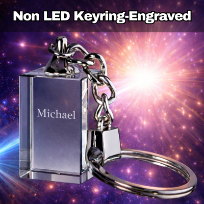 Non LED engraved crystal keychain with personalised name, clear rectangular glass block with silver keyring, custom keepsake gift