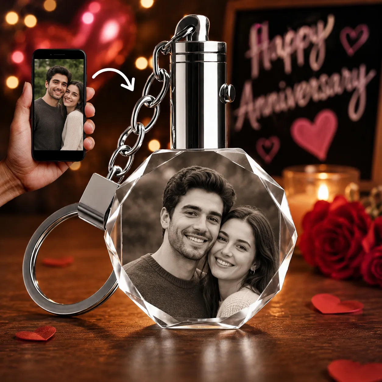 Octagon laser engraved crystal keychain 30mm with personalised photo engraving inside premium optical crystal