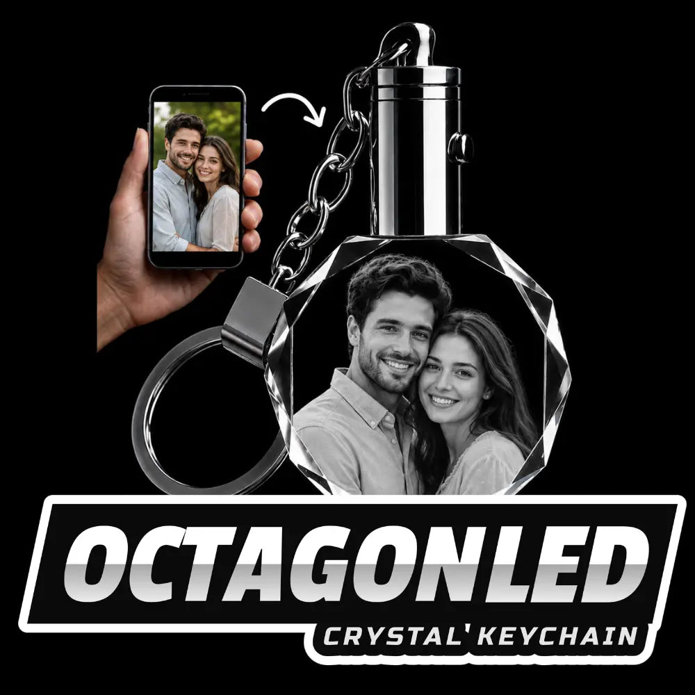 Octagon LED crystal keychain with personalised laser engraved couple photo inside crystal