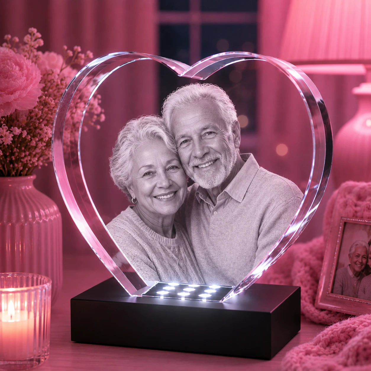 Personalised 3D laser engraved crystal heart (80x70x40mm) for memorials and anniversaries, crafted in Alperton.