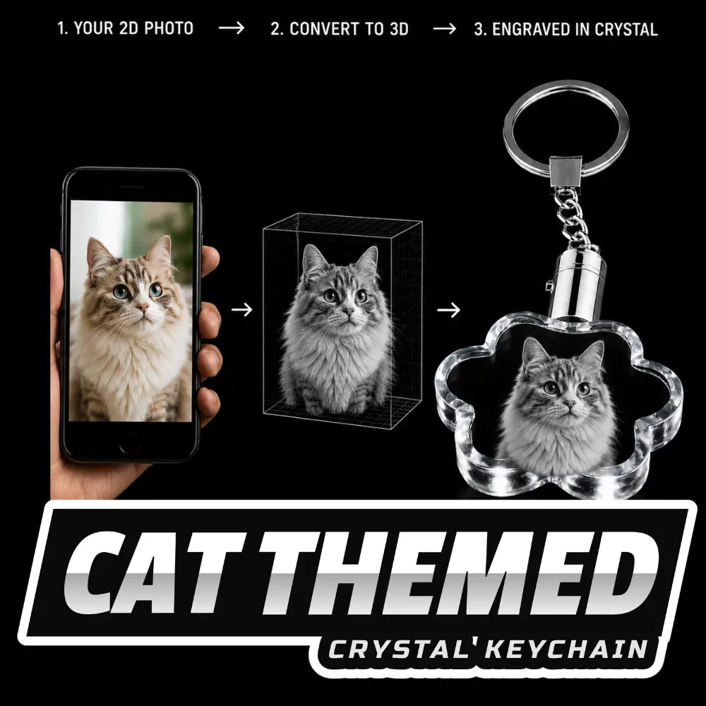 Personalised cat themed crystal keychain with custom engraved cat portrait inside clear crystal