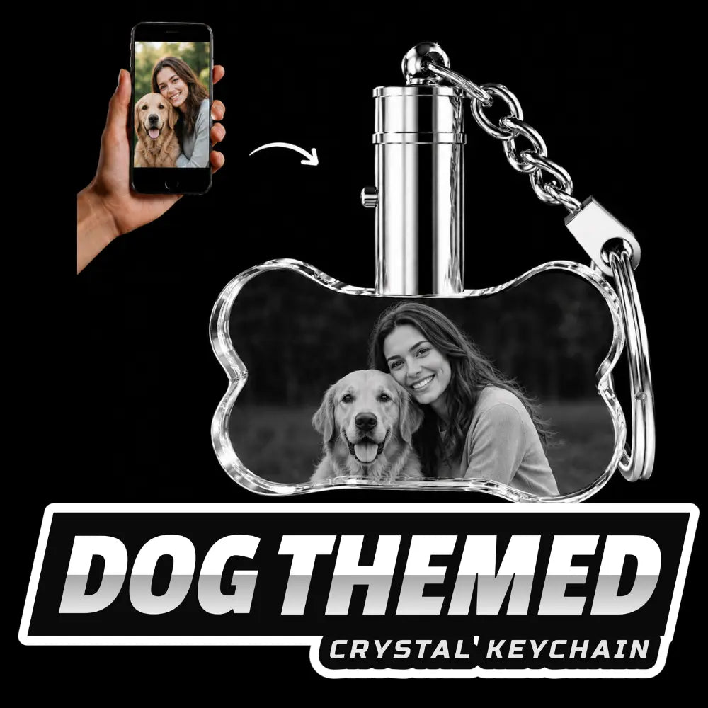 Personalised dog themed crystal keychain with laser engraved pet photo inside premium crystal