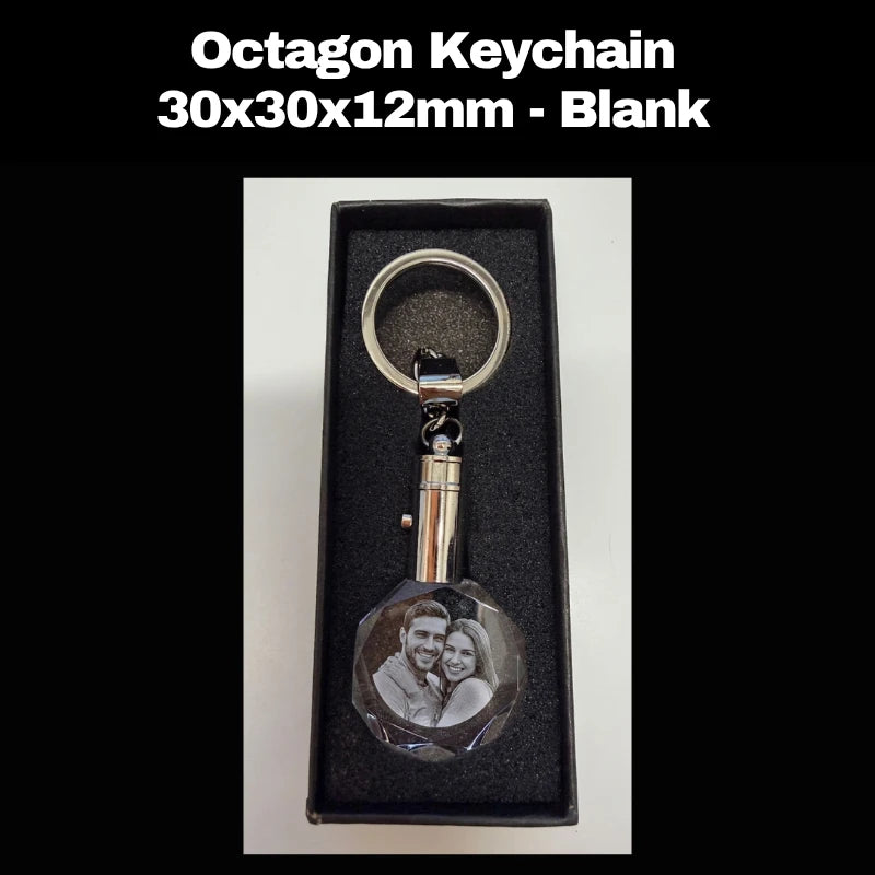 Personalised octagon crystal photo keyring with custom laser engraved family portrait inside clear crystal