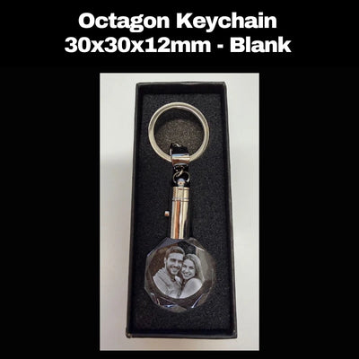 Personalised octagon crystal photo keyring with custom laser engraved family portrait inside clear crystal