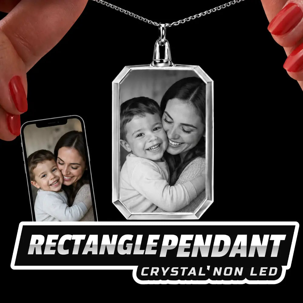 Personalised rectangle crystal pendant necklace with engraved family photo inside clear crystal