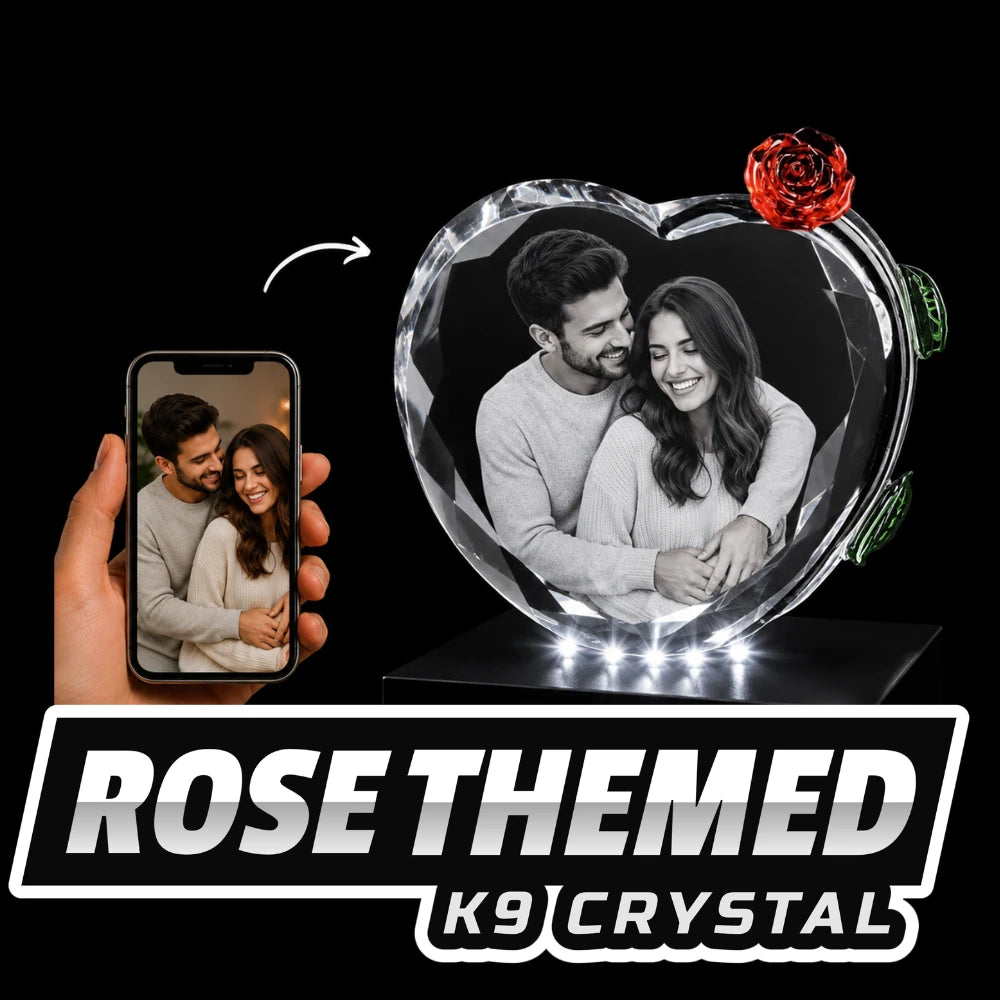 Personalised rose crystal gift 90x80x40mm with custom engraved photo inside premium optical crystal