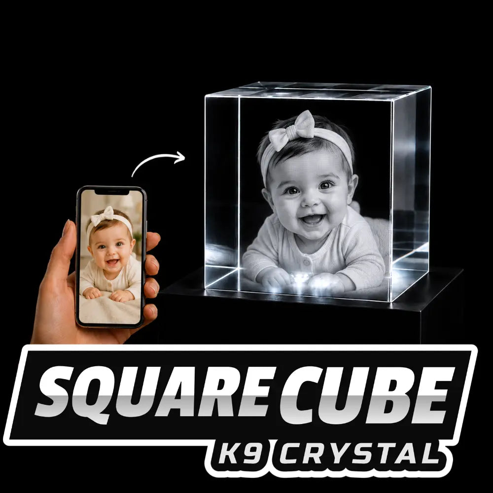 Personalised square K9 crystal cube with 3D engraved baby photo inside premium optical crystal