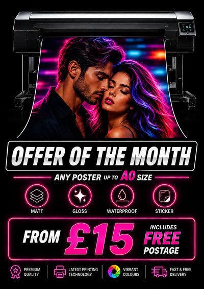 Poster printing promotional banner featuring large format printer, vibrant neon poster artwork, matt gloss waterproof sticker options and £15 offer with free postage up to A0 size.
