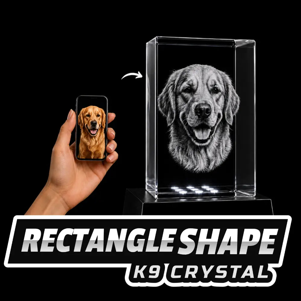 A personalized rectangle-shaped K9 crystal block featuring a 3D laser-etched portrait of a dog, displayed on an illuminated LED base.