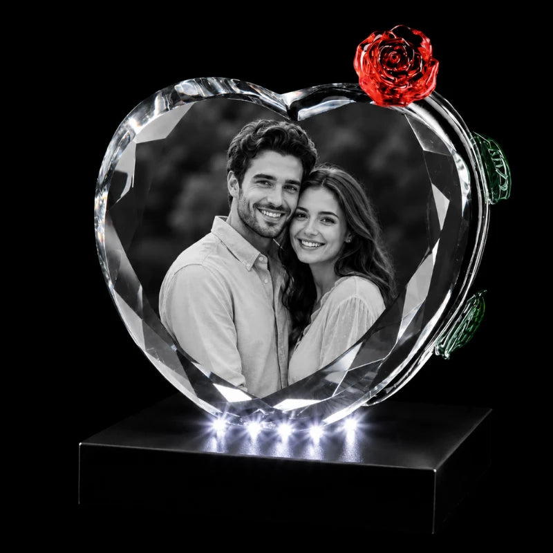Rose themed K9 crystal heart photo keepsake with LED light base and engraved couple portrait on black background.