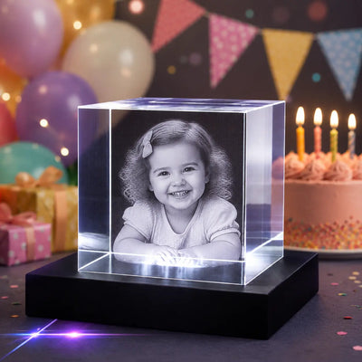 Personalised square crystal photo gift engraved with baby portrait in Wembley