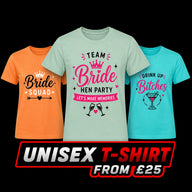Unisex custom printed t-shirts for events, hen parties and teams London