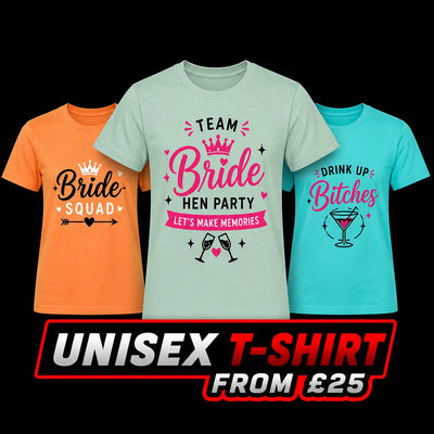 Unisex custom printed t-shirts for events, hen parties and teams London